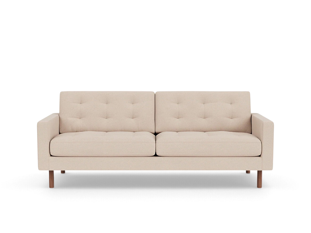 urbane EQ3 Joan 83 inch tufted sofa in beige fabric with mid-century modern wooden legs