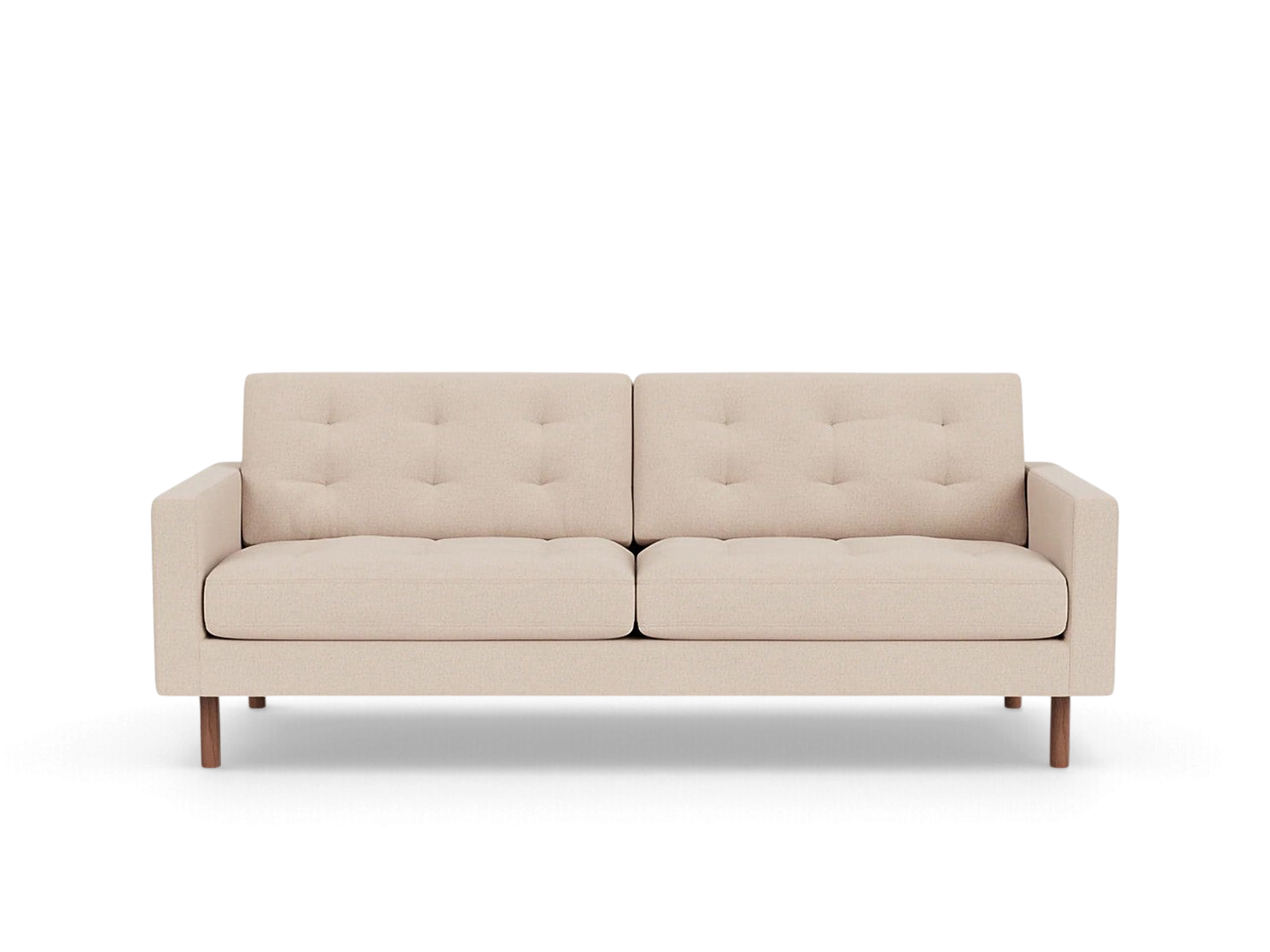 urbane EQ3 Joan 83 inch tufted sofa in beige fabric with mid-century modern wooden legs
