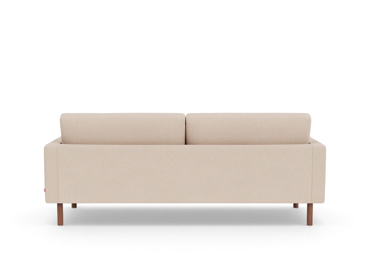 urbane EQ3 Joan 83 inch mid-century modern sofa in beige fabric with wooden legs, back view