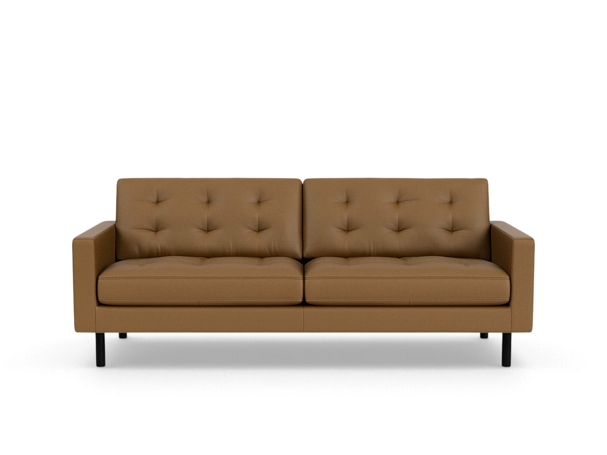 urbane EQ3 Joan 83-inch mid-century modern sofa in tan leather with button tufting and black legs
