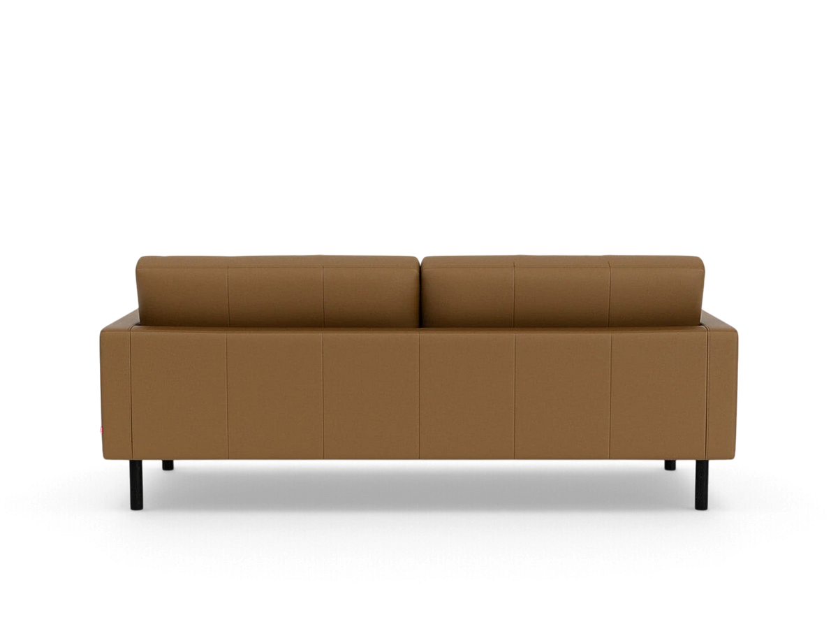 urbane EQ3 Joan 83-inch mid-century modern sofa in brown upholstery with a tufted back and black legs, rear view