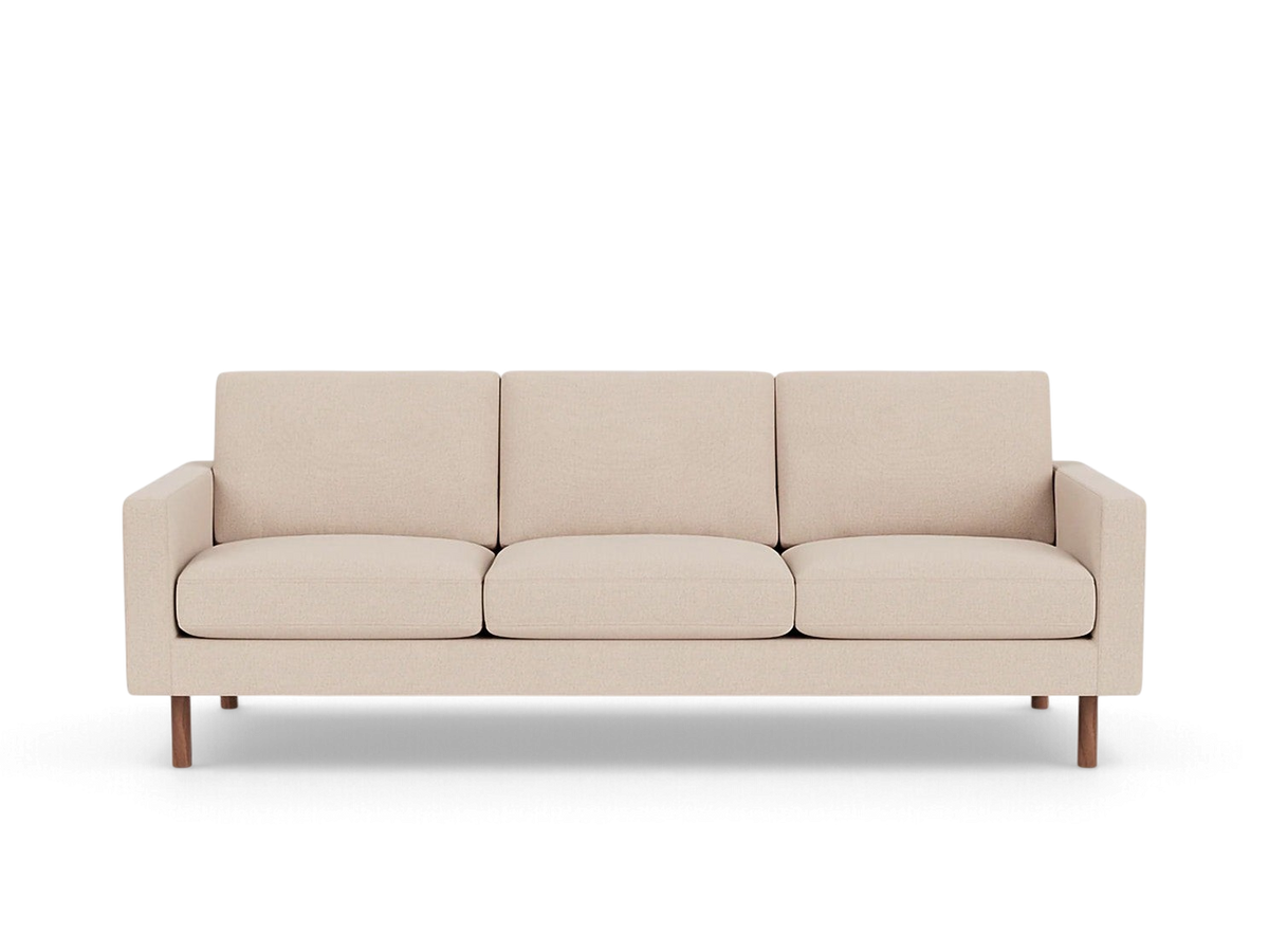 urbane EQ3 Joan 87-inch mid-century modern sofa in beige fabric with wooden legs, front view