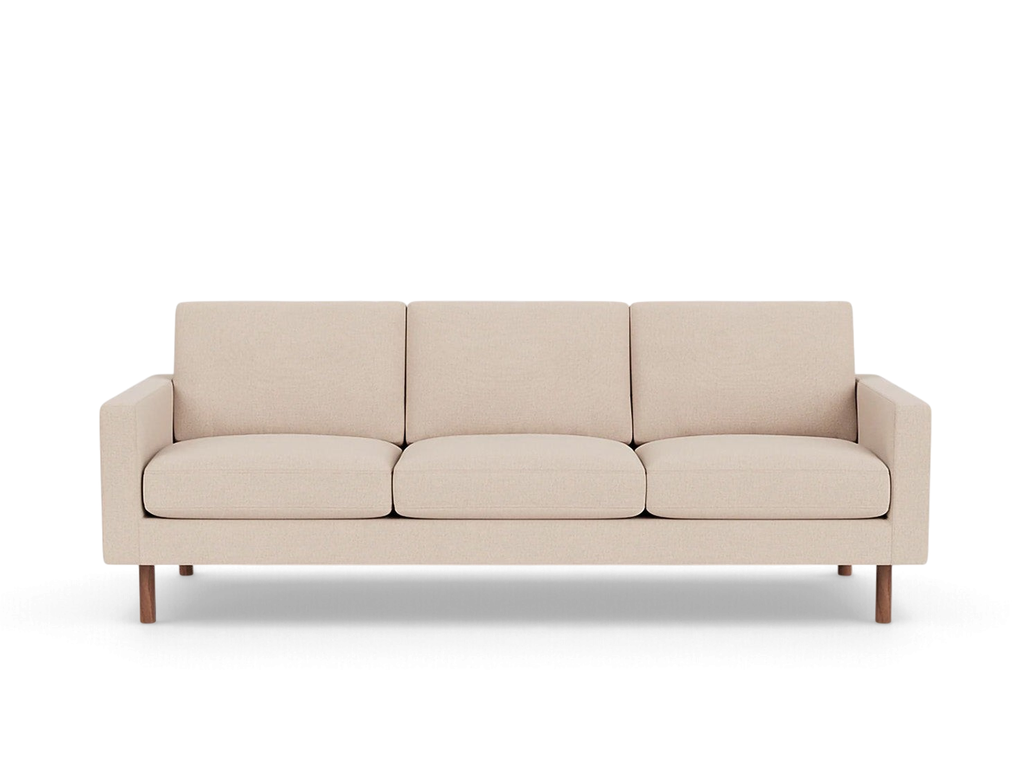 urbane EQ3 Joan 87-inch mid-century modern sofa in beige fabric with wooden legs, front view
