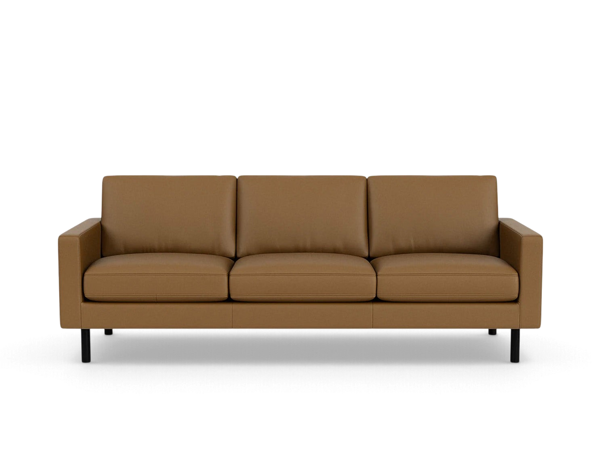 urbane EQ3 Joan 87-inch mid-century modern sofa in tan leather with black tapered legs