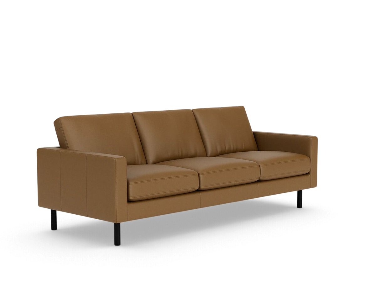 urbane EQ3 Joan 87-inch mid-century modern sofa in tan leather with black metal legs