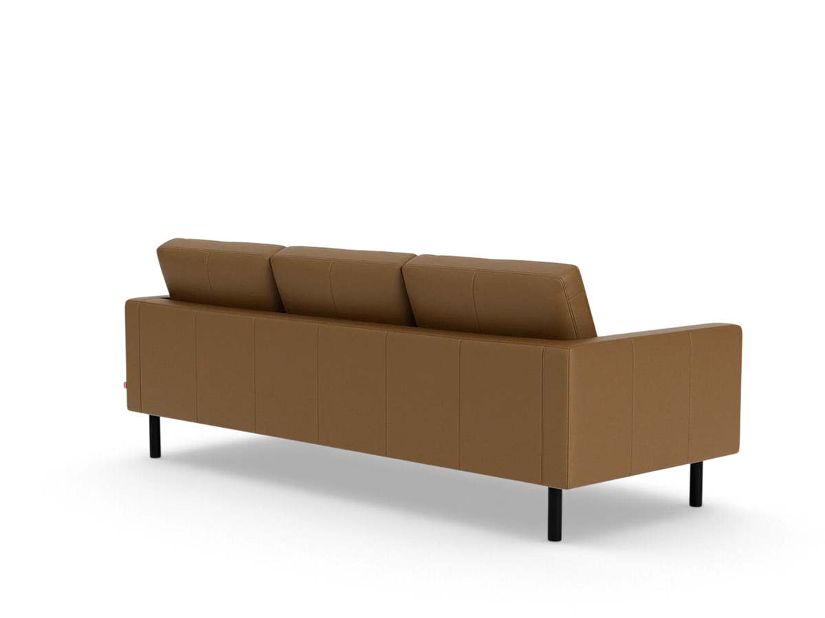 urbane EQ3 Joan 87-inch mid-century modern sofa in brown leather with black legs, rear view
