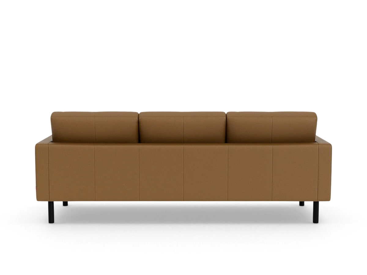 urbane EQ3 Joan 87-inch mid-century sofa in tan fabric with black legs, back view