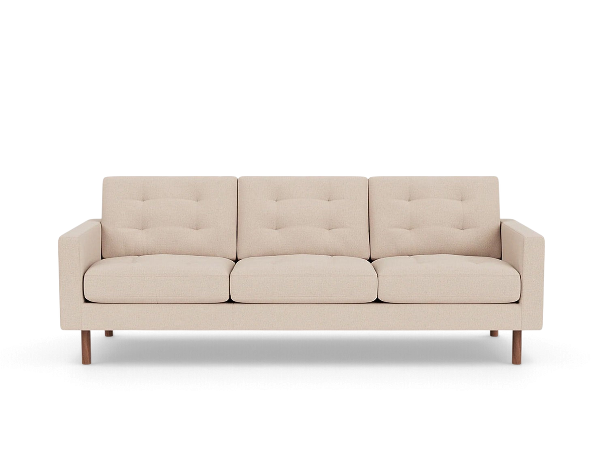 urbane EQ3 Joan 87-inch mid-century modern beige tufted sofa with wooden legs