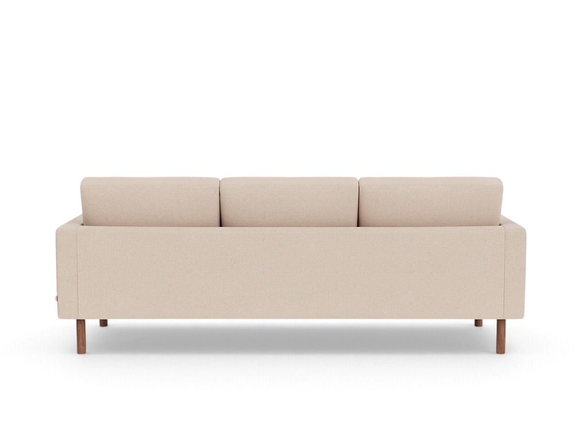 urbane EQ3 Joan 87 inch mid-century modern sofa in beige fabric with wooden legs, back view