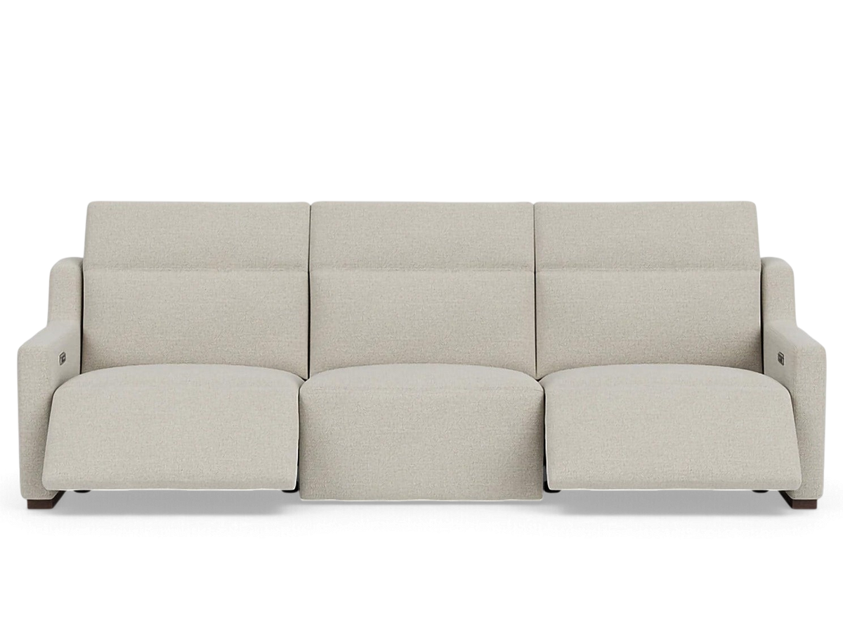 urbane EQ3 Laze reclining sofa in beige fabric with power headrests and integrated USB charging ports