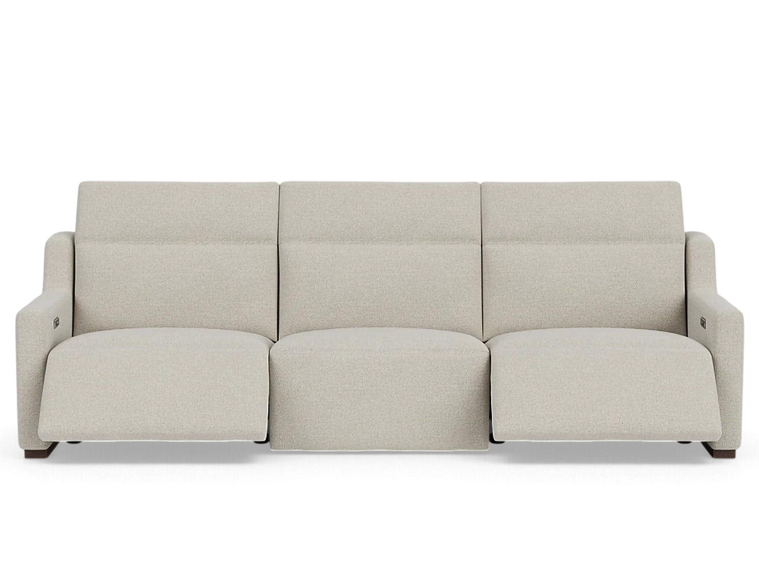 urbane EQ3 Laze reclining sofa in beige fabric with power headrests and integrated USB charging ports