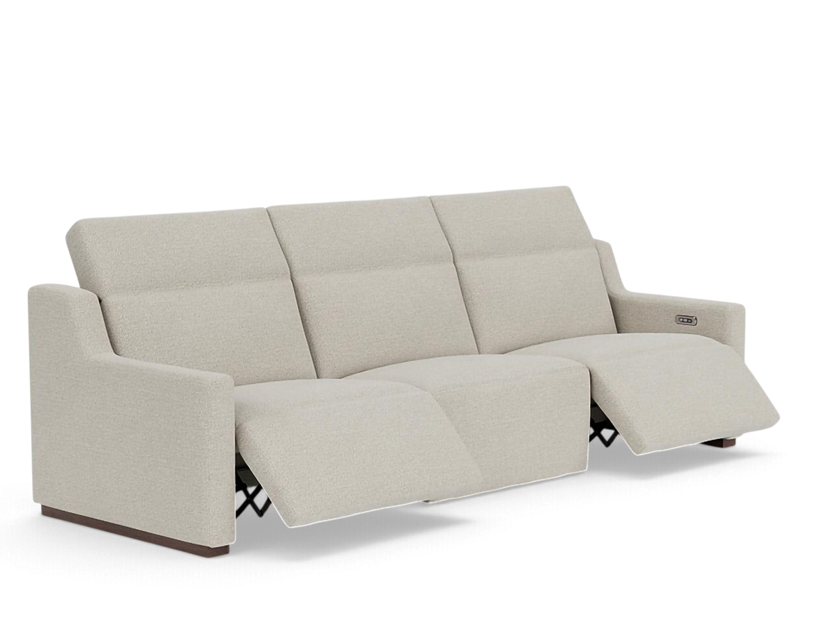 urbane EQ3 Laze reclining sofa in light beige fabric with power headrest and recline features