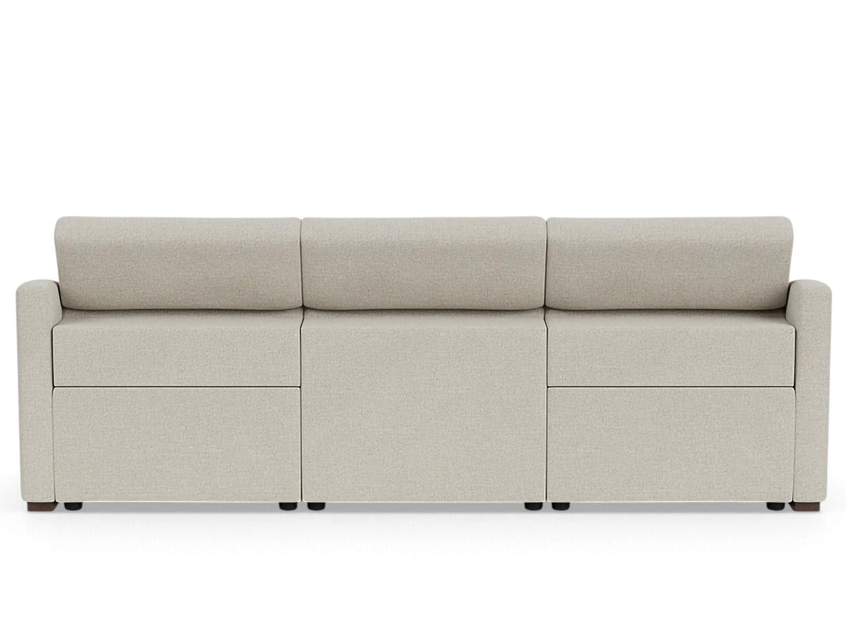 urbane EQ3 Laze reclining sofa in a neutral beige fabric with a clean, modern silhouette and power headrest features.