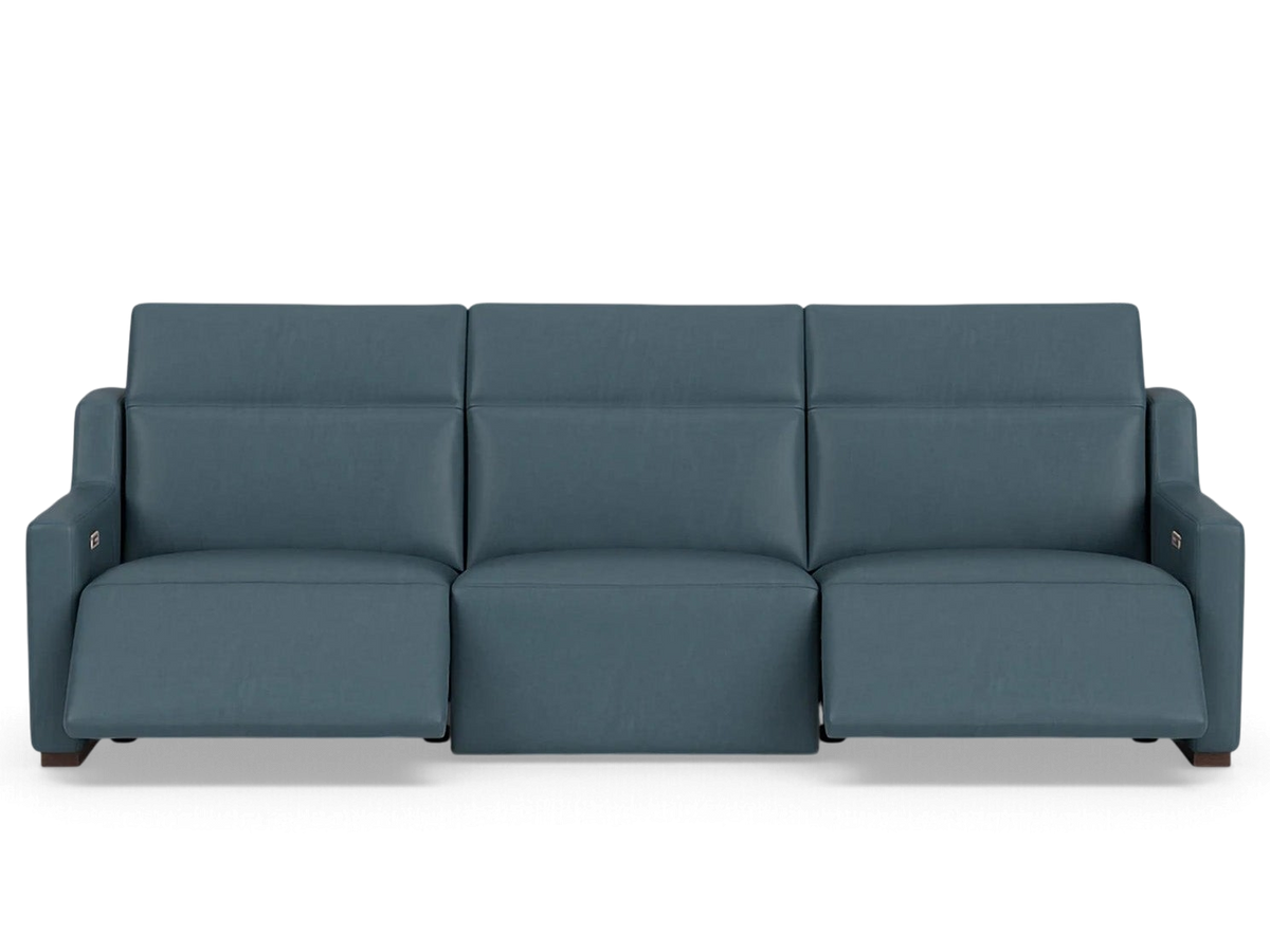 urbane EQ3 Laze reclining sofa in blue leather with power headrest and recline features