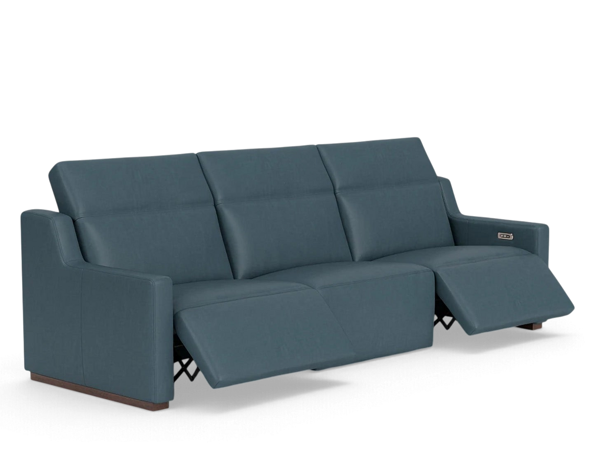 urbane EQ3 Laze reclining sofa in blue leather with power headrest and USB charging ports