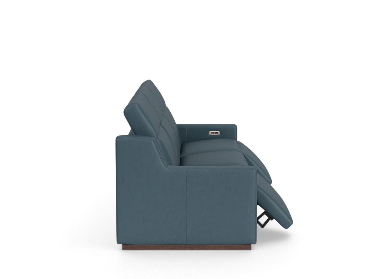 urbane EQ3 Laze reclining sofa in blue upholstery with power headrest and side view showing reclined footrest