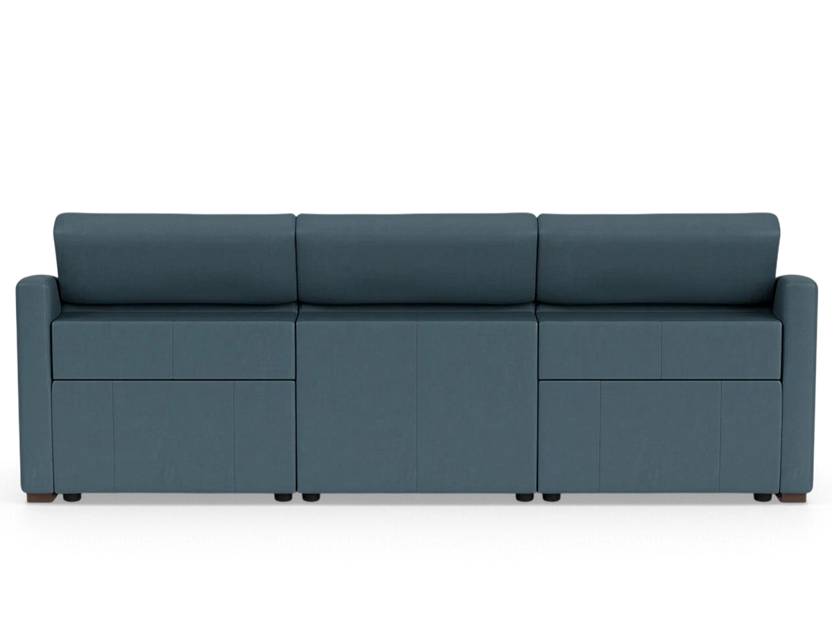 urbane EQ3 Laze reclining sofa in blue upholstery with a sleek, modern silhouette and power headrest features