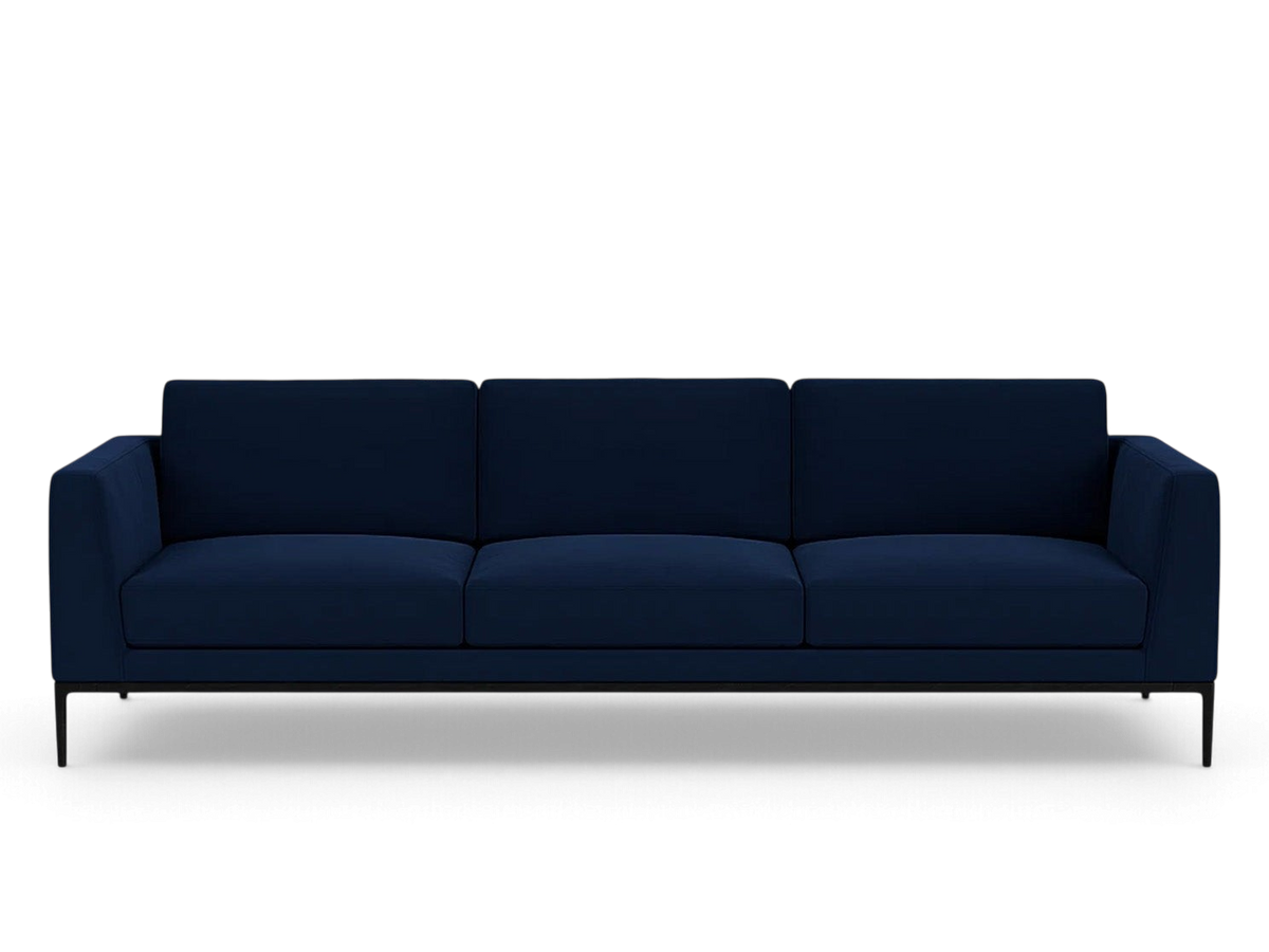urbane EQ3 Oma 101-inch sofa in dark blue upholstery with a sleek black anthracite metal base