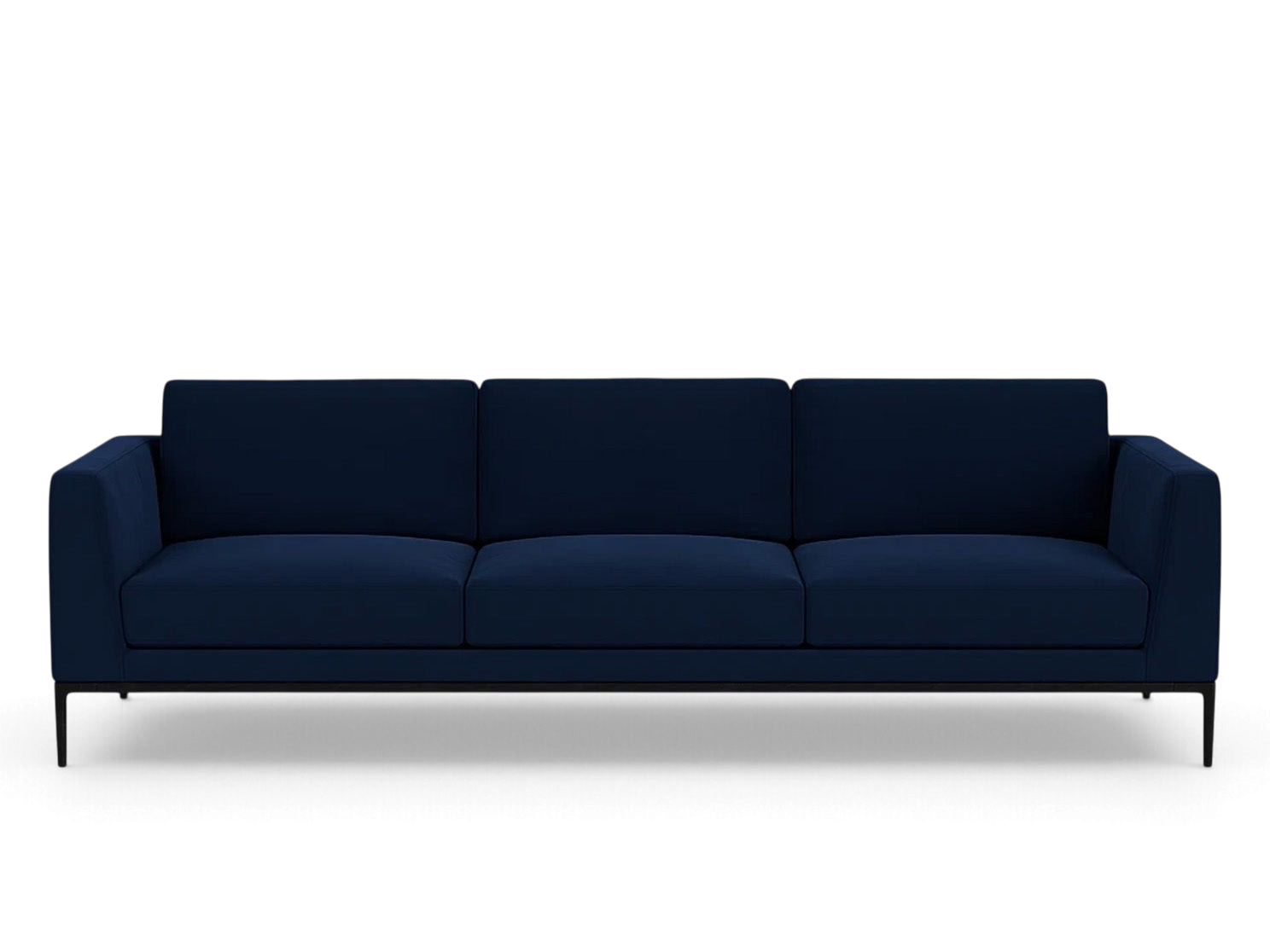 urbane EQ3 Oma 101-inch sofa in dark blue upholstery with a sleek black anthracite metal base