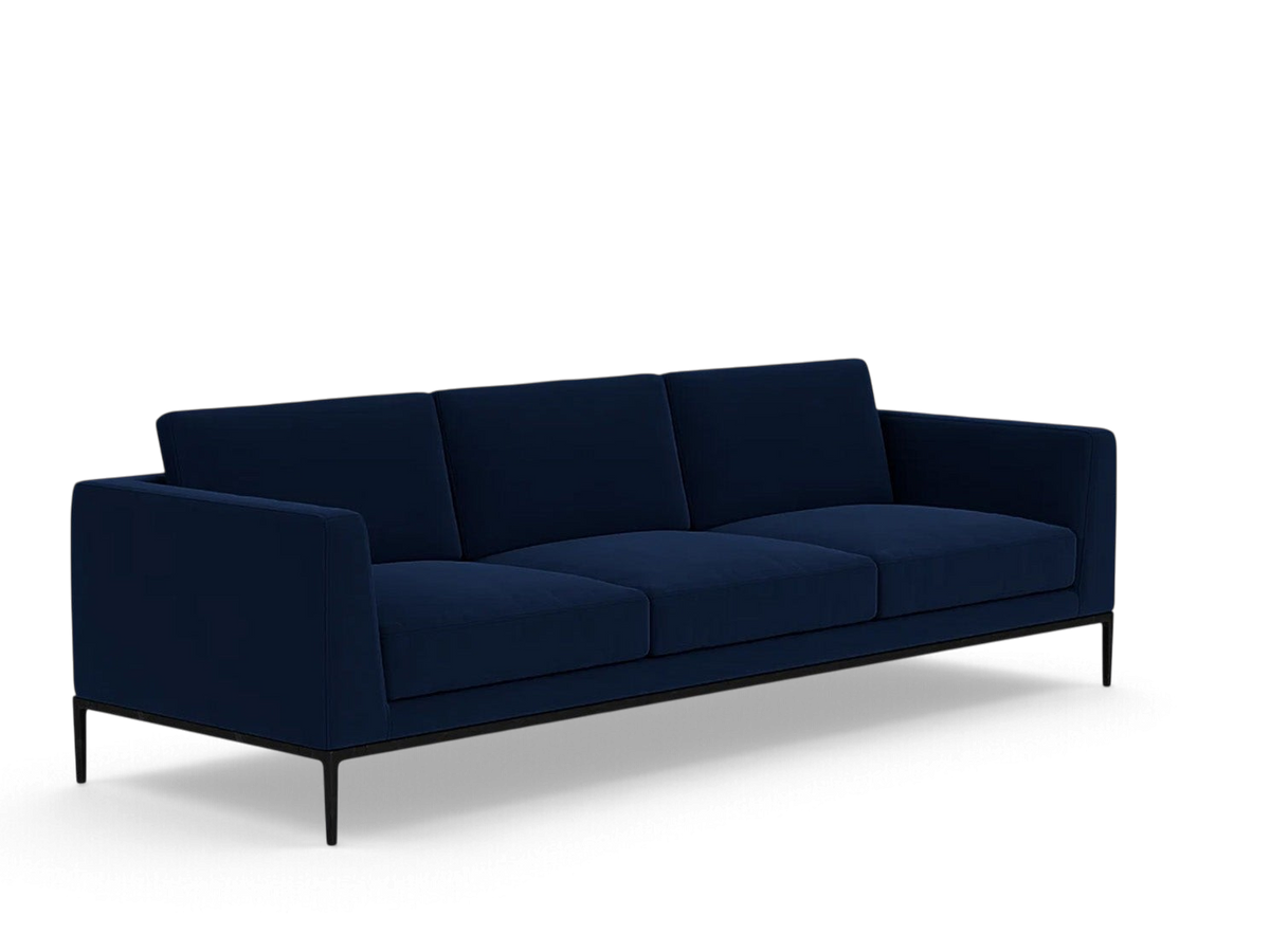 urbane EQ3 Oma 101-inch sofa in deep blue upholstery with a sleek black anthracite metal base