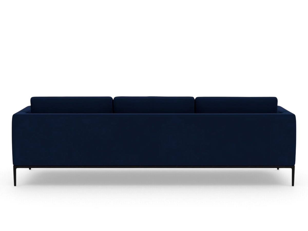 urbane EQ3 Oma 101 inch sofa in deep blue upholstery with a sleek black anthracite metal base, back view