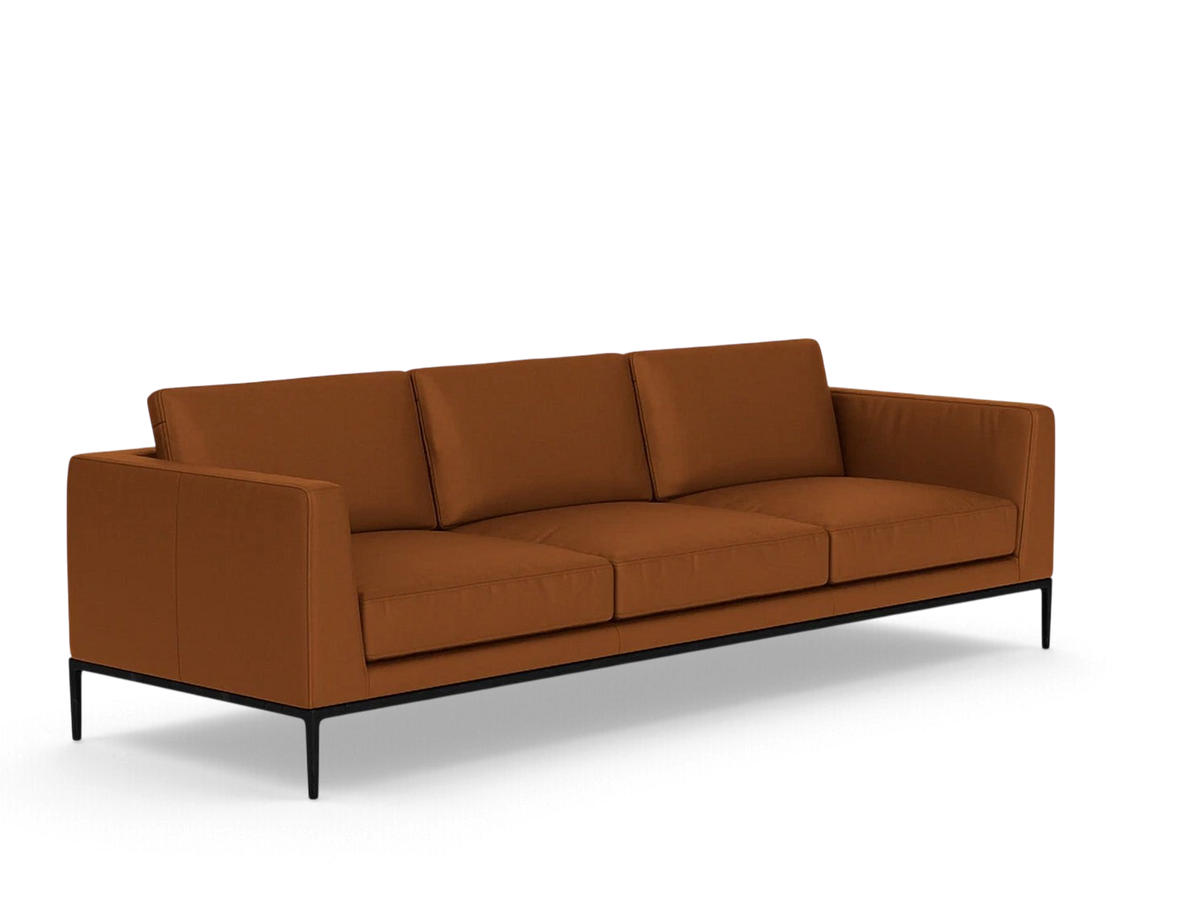 urbane EQ3 Oma 101 inch sofa in a rich brown upholstery with a sleek black anthracite metal base