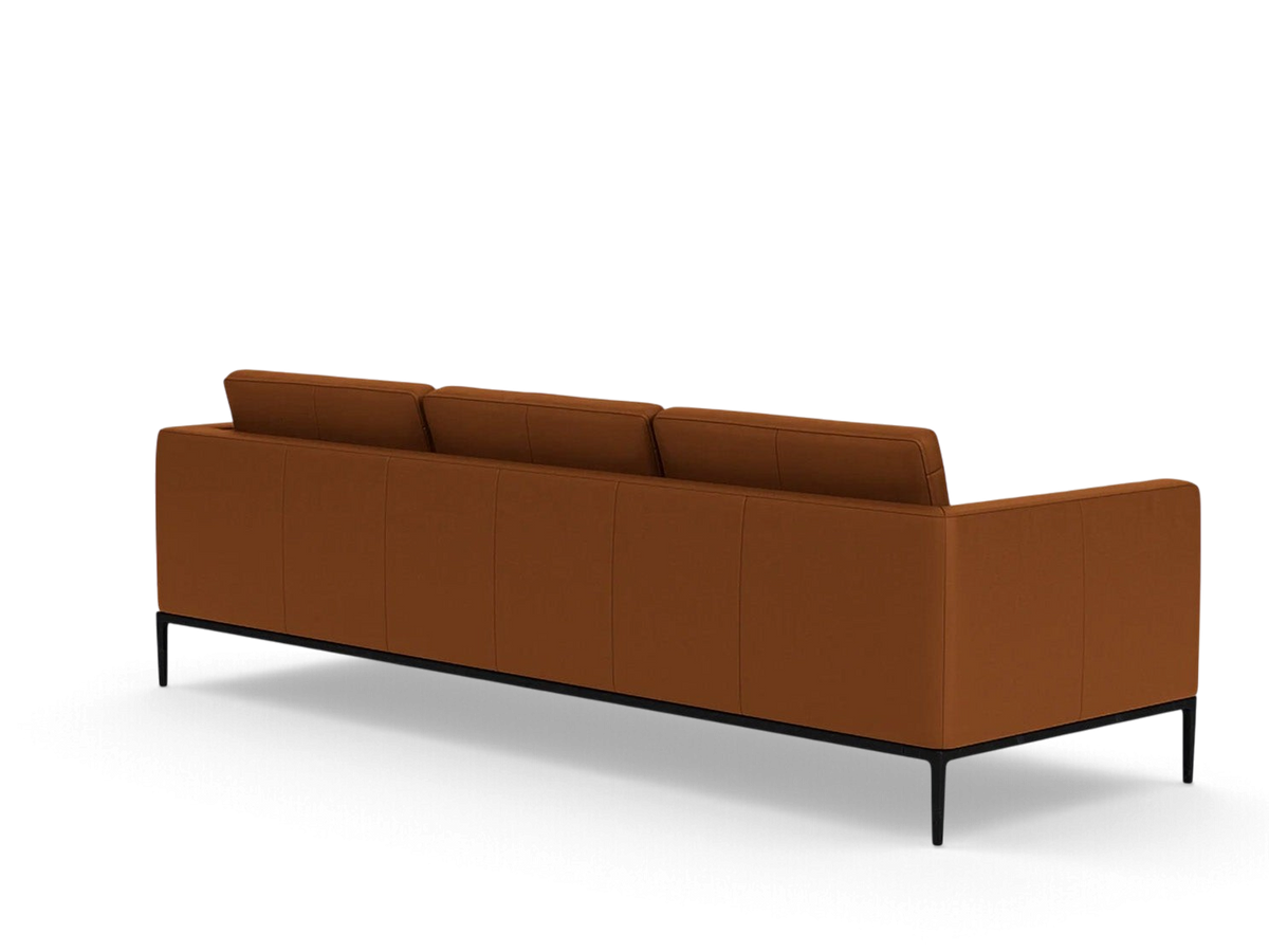 urbane EQ3 Oma 101 inch sofa in brown leather with a structured silhouette and black anthracite metal base