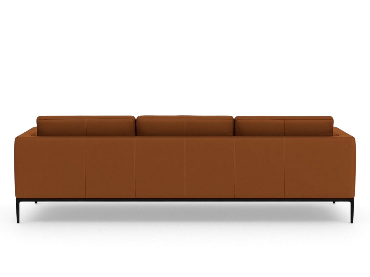 urbane EQ3 Oma 101 inch sofa in brown upholstery with a sleek black anthracite metal base, back view