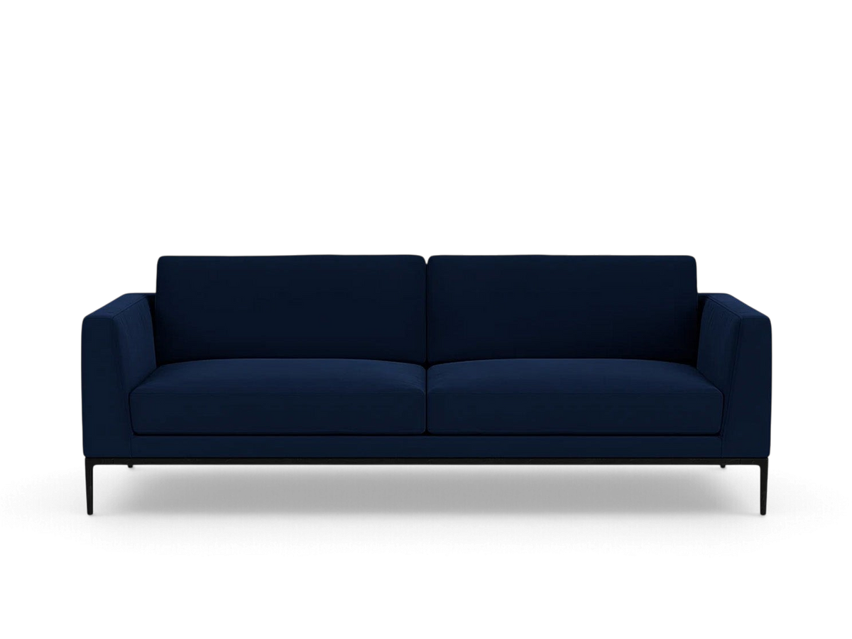 urbane EQ3 Oma 89 inch navy blue sofa with structured memory foam seating and a black anthracite metal base
