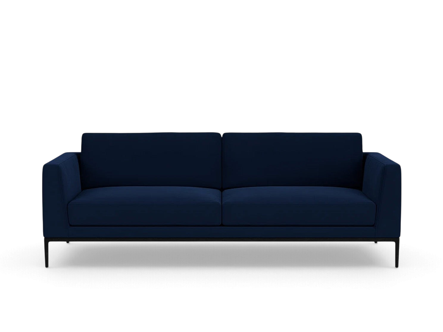 urbane EQ3 Oma 89 inch navy blue sofa with structured memory foam seating and a black anthracite metal base
