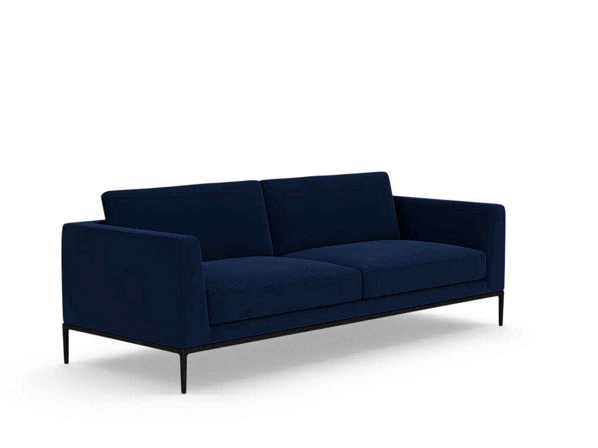 urbane EQ3 Oma 89-inch navy blue sofa with structured memory foam seating and a black anthracite metal base