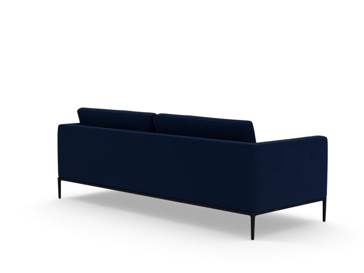 urbane EQ3 Oma 89-inch sofa in dark blue upholstery with a sleek black anthracite metal base, rear view