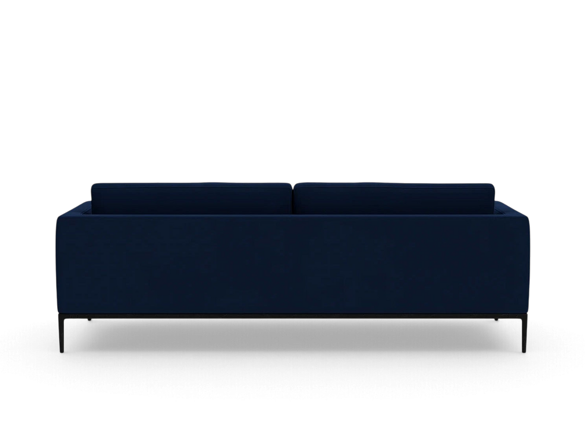 urbane EQ3 Oma 89 inch sofa in dark blue upholstery with a sleek black anthracite metal base, back view