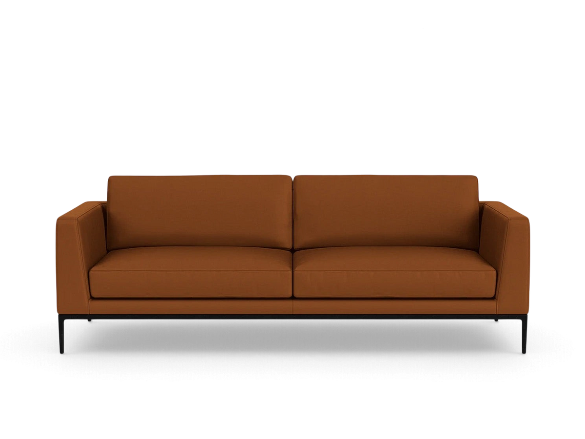urbane EQ3 Oma 89 inch sofa in a rich brown upholstery with a sleek black anthracite metal base