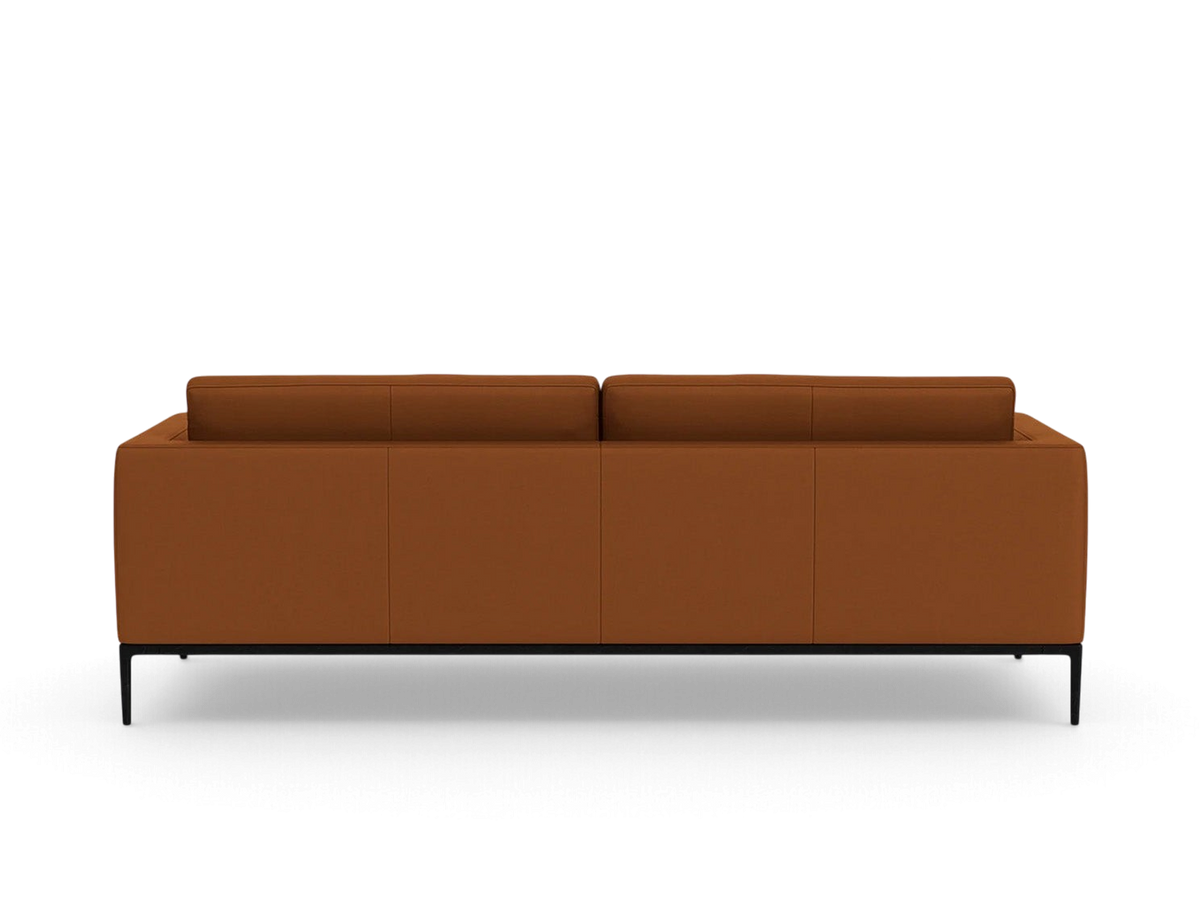 urbane EQ3 Oma 89-inch sofa in brown upholstery with a structured silhouette and black anthracite metal base