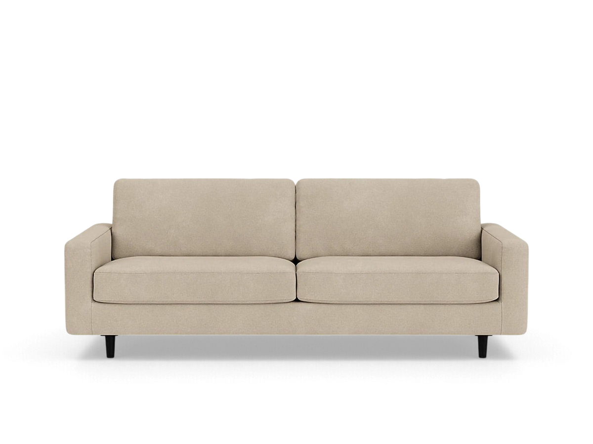 urbane EQ3 Oskar 85-inch beige upholstered sofa with loose cushions and black tapered legs