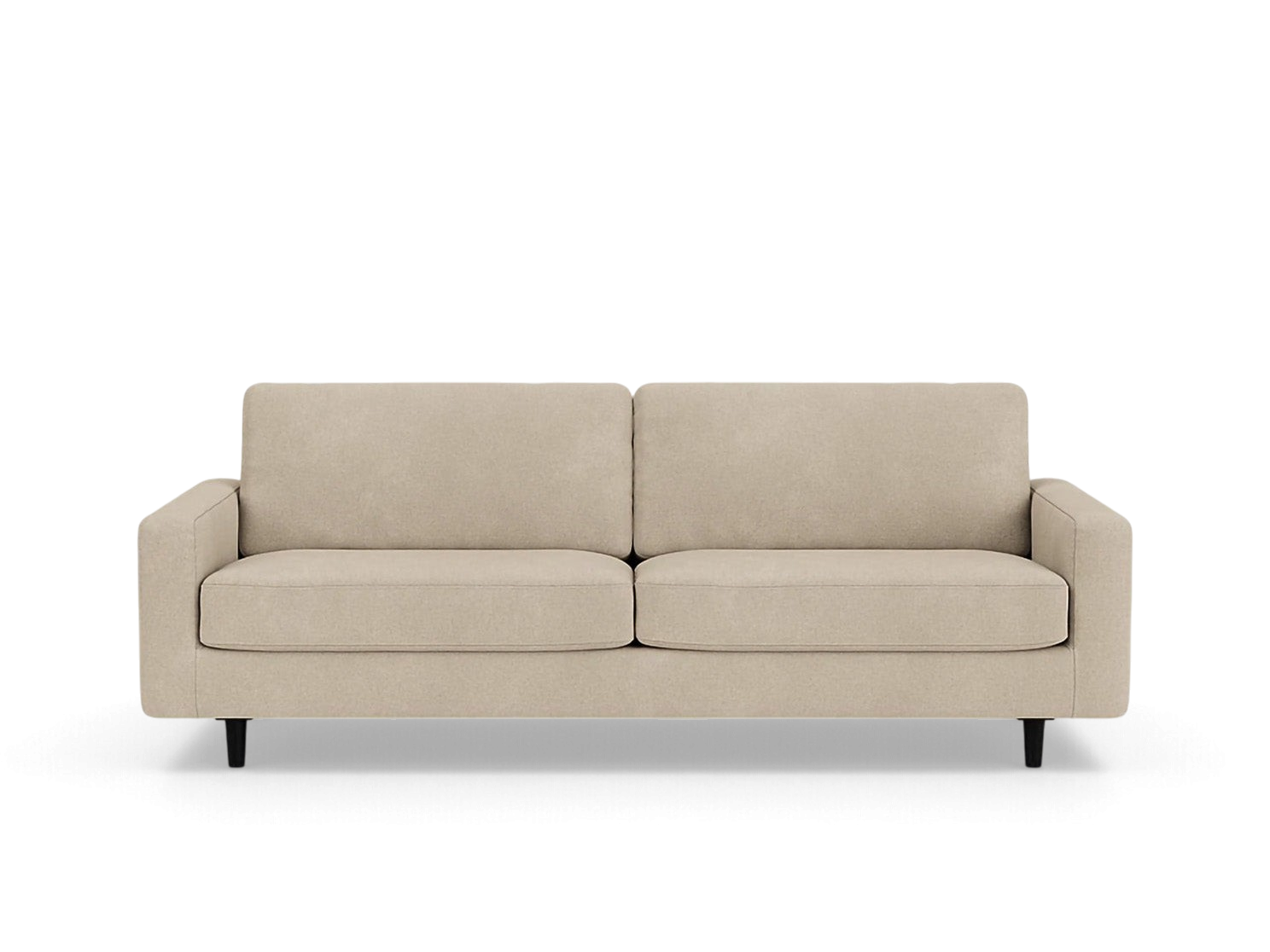 urbane EQ3 Oskar 85-inch beige upholstered sofa with loose cushions and black tapered legs