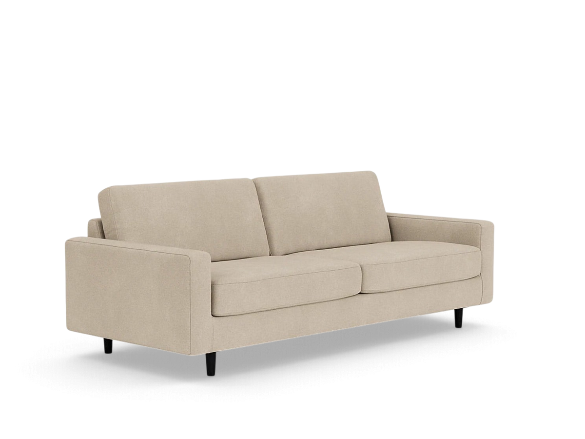 urbane EQ3 Oskar 85 inch sofa in a neutral beige fabric with comfortable loose seat and back cushions