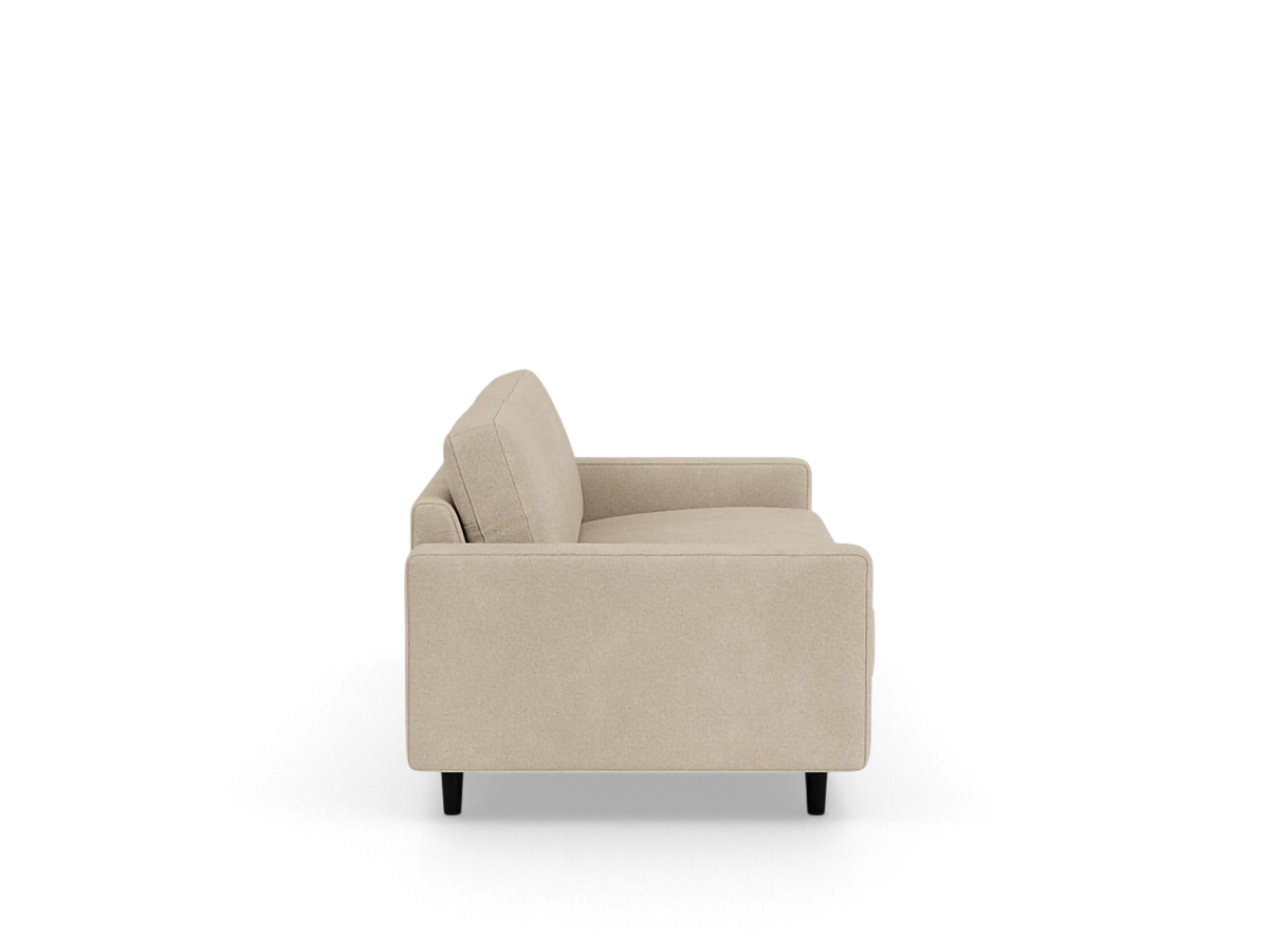 urbane EQ3 Oskar 85 inch sofa in beige fabric with a classic design and black legs, side view