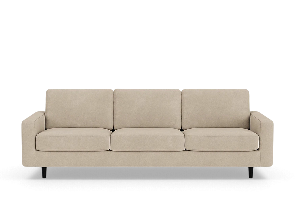 urbane EQ3 Oskar 93-inch beige upholstered sofa with three seat cushions and dark tapered legs