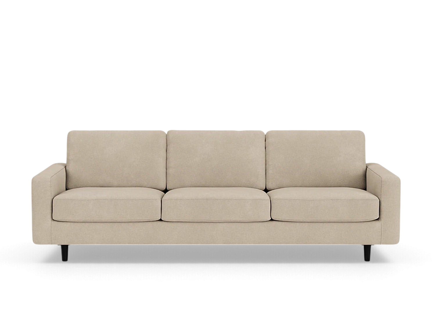 urbane EQ3 Oskar 93-inch beige upholstered sofa with three seat cushions and dark tapered legs