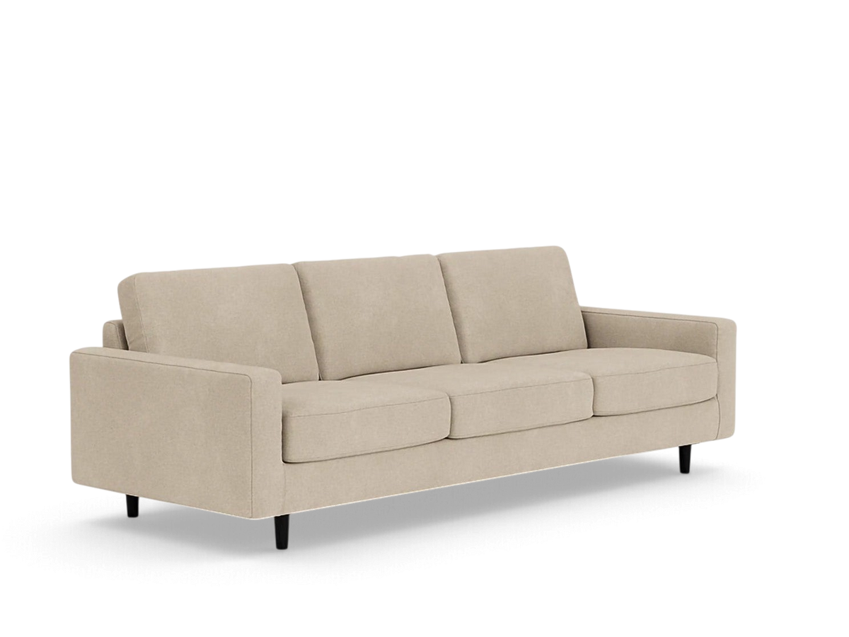 urbane EQ3 Oskar 93-inch beige upholstered sofa with loose cushions and dark tapered legs