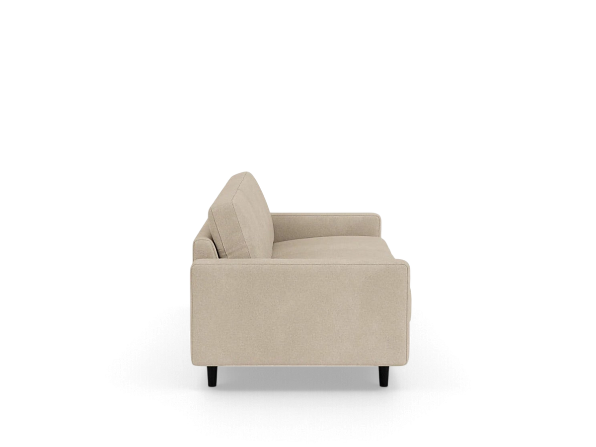 urbane EQ3 Oskar 93-inch beige upholstered sofa with a classic design and black legs, side view