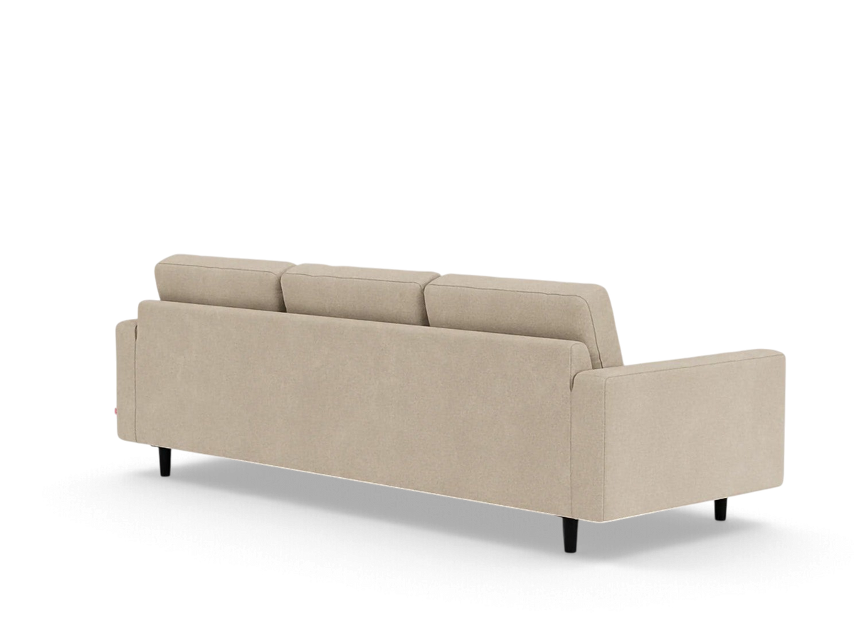 urbane EQ3 Oskar 93-inch beige upholstered sofa with loose back cushions and dark tapered legs, rear view