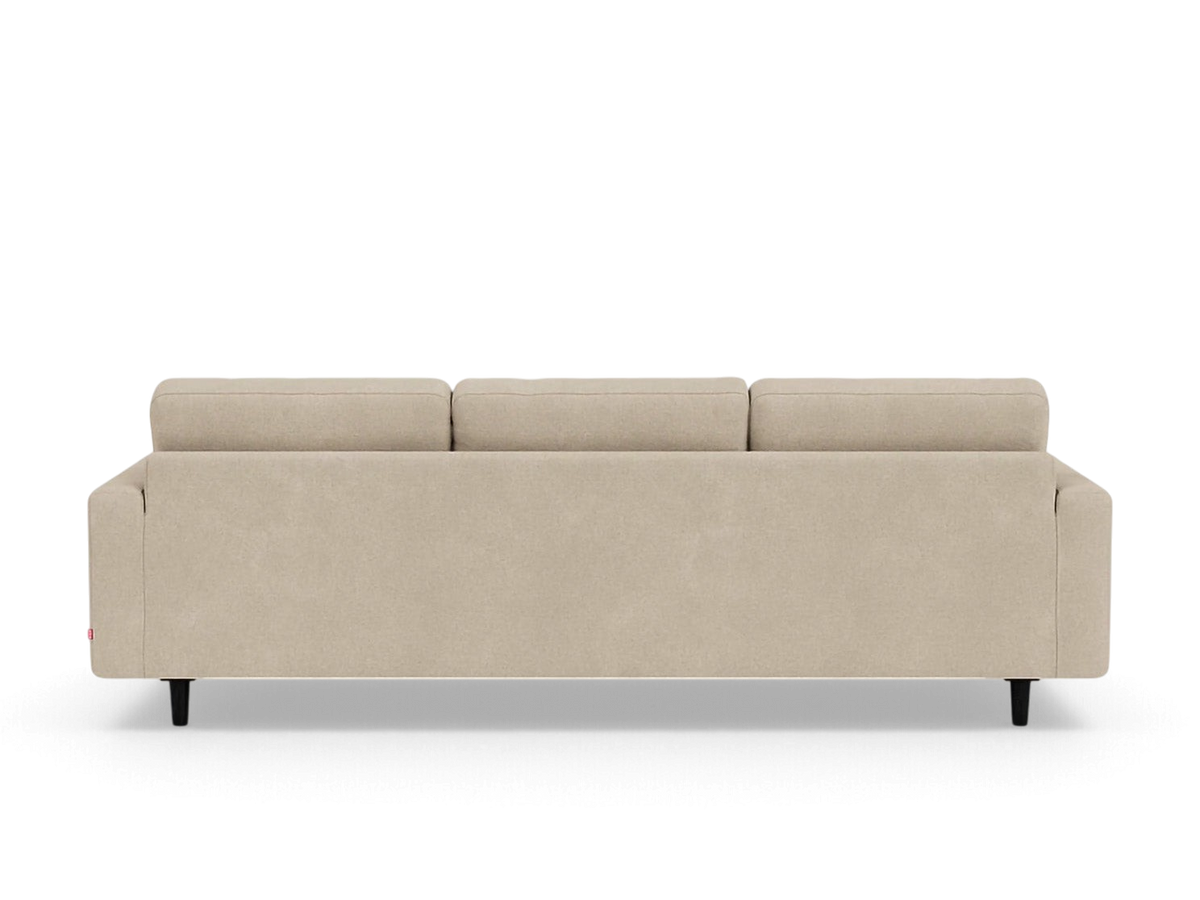 urbane EQ3 Oskar 93 inch beige upholstered sofa, back view showing classic design with dark tapered legs