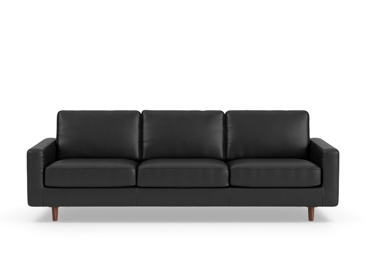 urbane EQ3 Oskar 93-inch black leather sofa with three seat cushions and tapered wooden legs