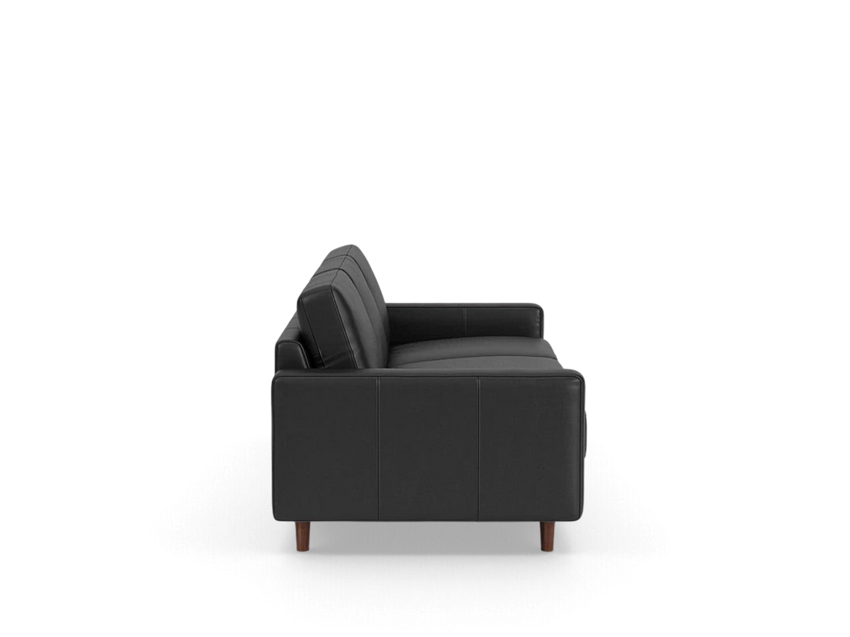 urbane EQ3 Oskar 93 inch black leather sofa with a classic design and wooden legs, side profile view