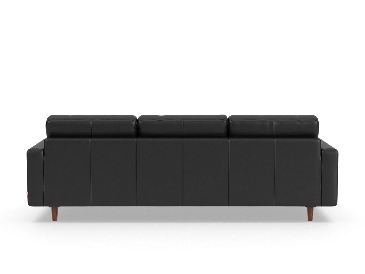 urbane EQ3 Oskar 93 inch black leather sofa with classic design and wooden legs, back view