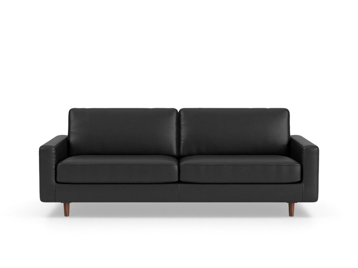 urbane EQ3 Oskar 85 inch black leather sofa with classic design and tapered wooden legs