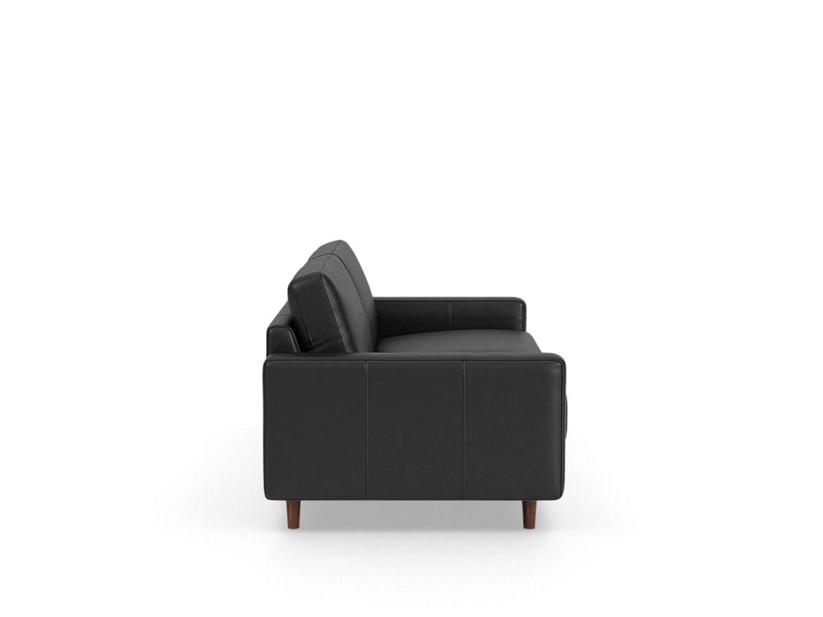 urbane EQ3 Oskar 85 inch sofa in black leather with a classic design and wooden legs, side view